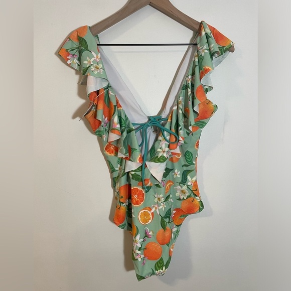 NWT Binlowis Deep V Neck Flounce One Piece Swimsuit Orange Print Ruffle Small - Picture 3 of 8